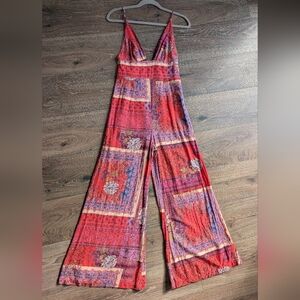 Free People Margarita Jumpsuit Red Patchwork Boho Festival Wide Leg Size 4